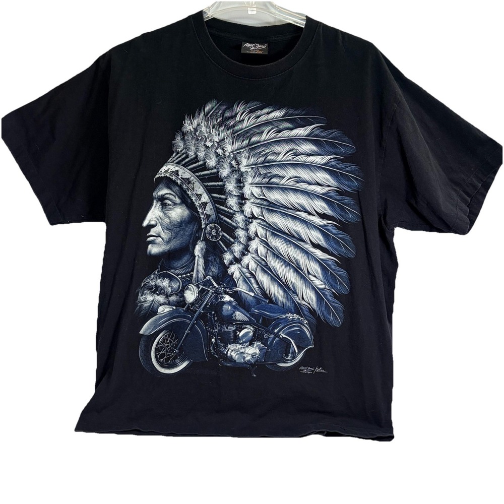 VTG Rock Chang Native Indian Chief Biker 90’s  T-Shirt XXL Black Single Stitch